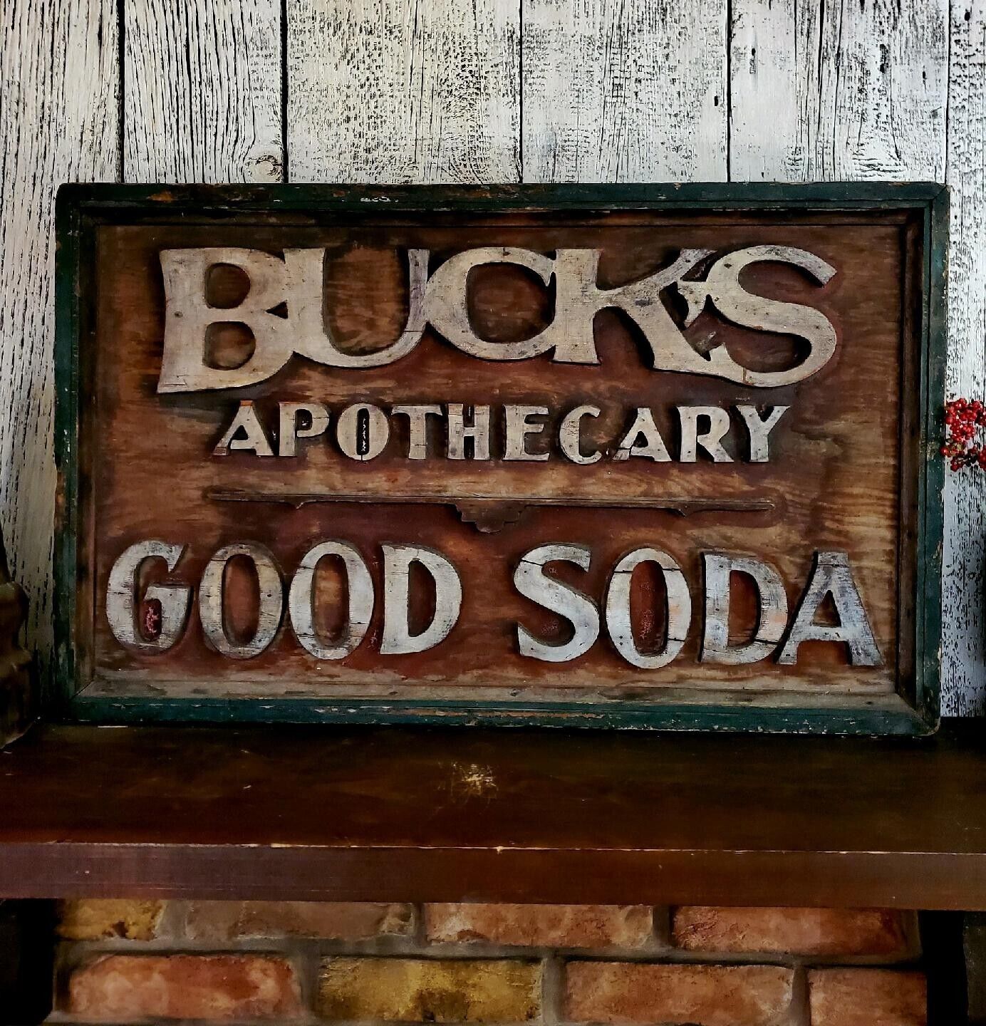 Antique Primitive Bucks Apothecary Good Soda Wooden Sign Original Old Paint