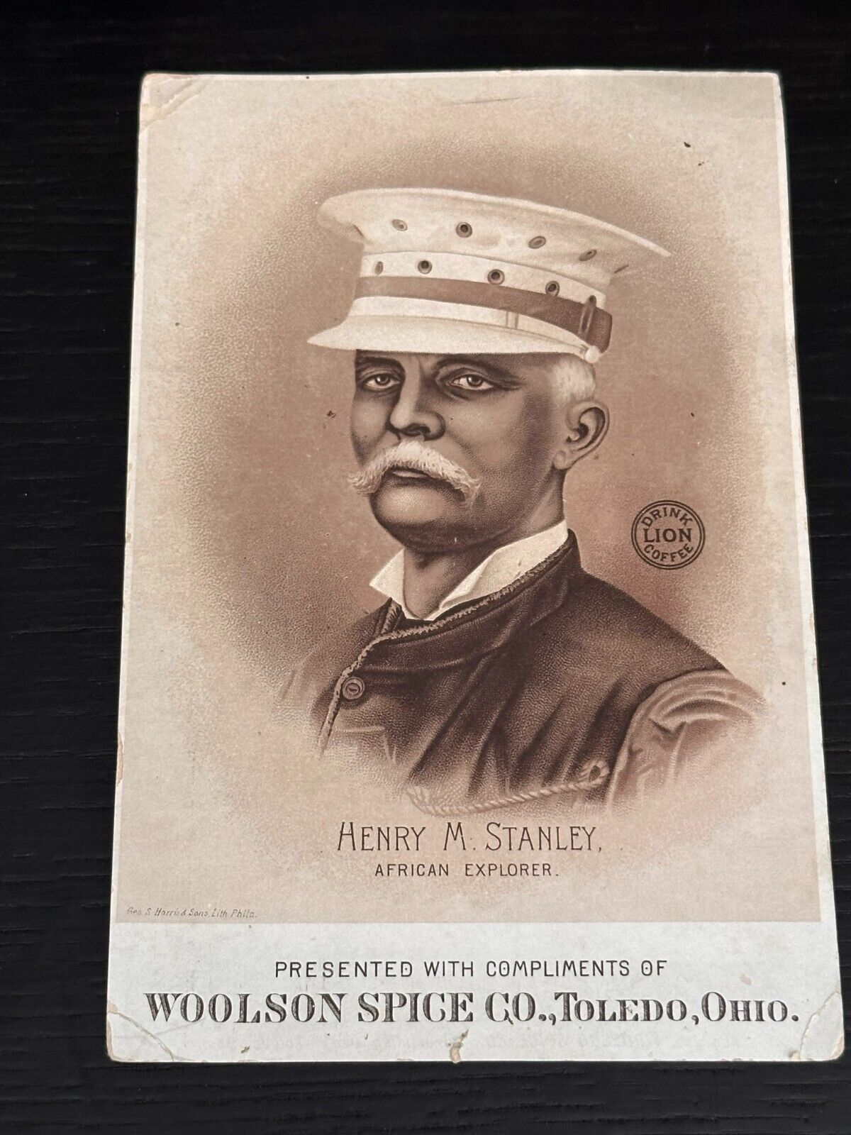 1889- Henry M. Stanley African Explorer Lion Coffee Trade Card 4.25 x 6.5