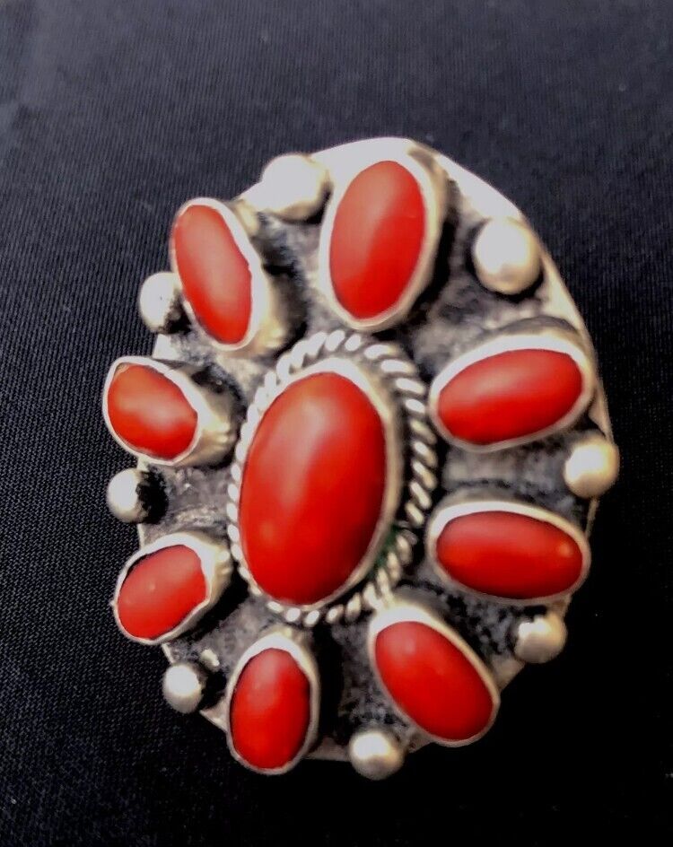 Handmade Vintage Large Navajo Native American Silver Red Coral Cluster Ring  