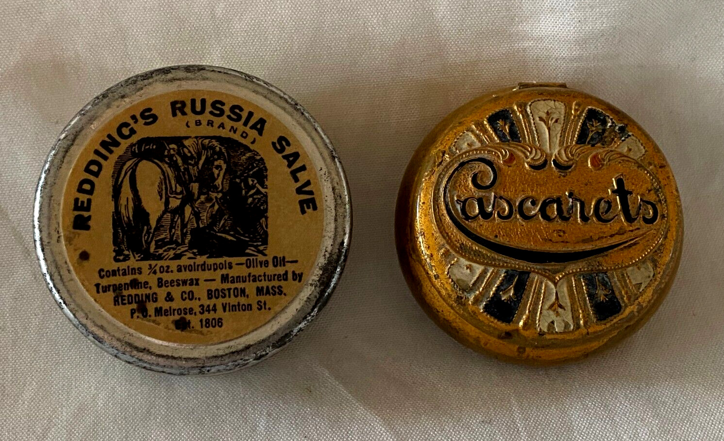 2 Vintage MEDICINE Tins REDDING\'S RUSSIA SALVE and CASCARETS Laxatives. c 1930\'s