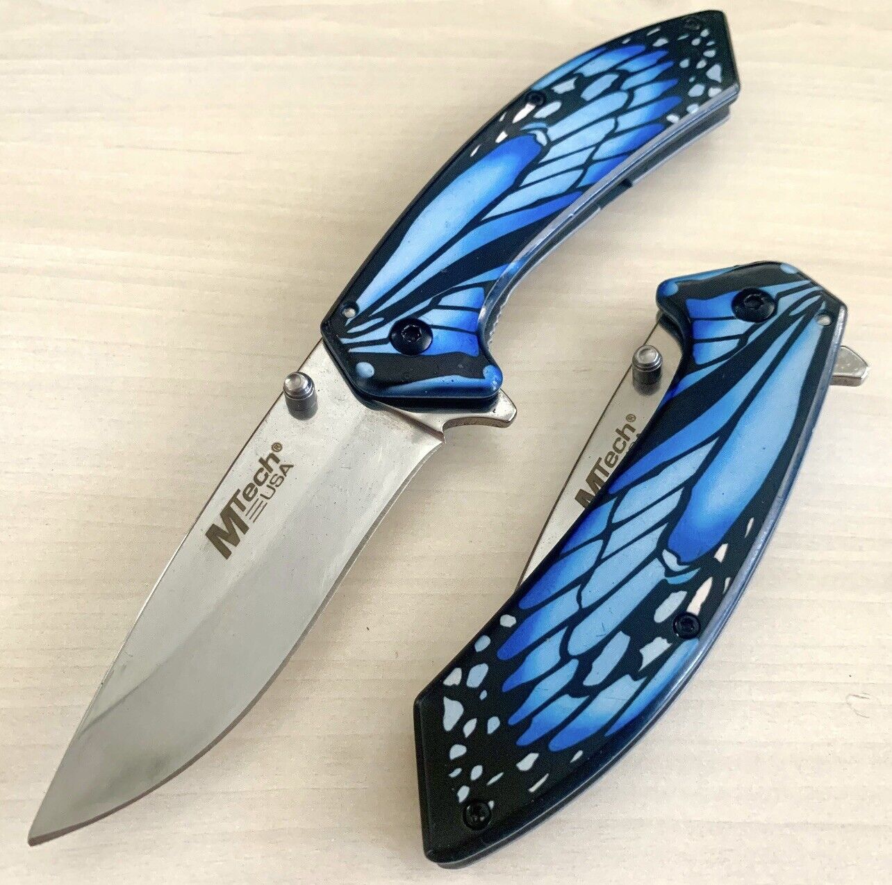 7.5” Cute Blue Feather Spring Assisted Open Blade Folding Pocket Knife Survival
