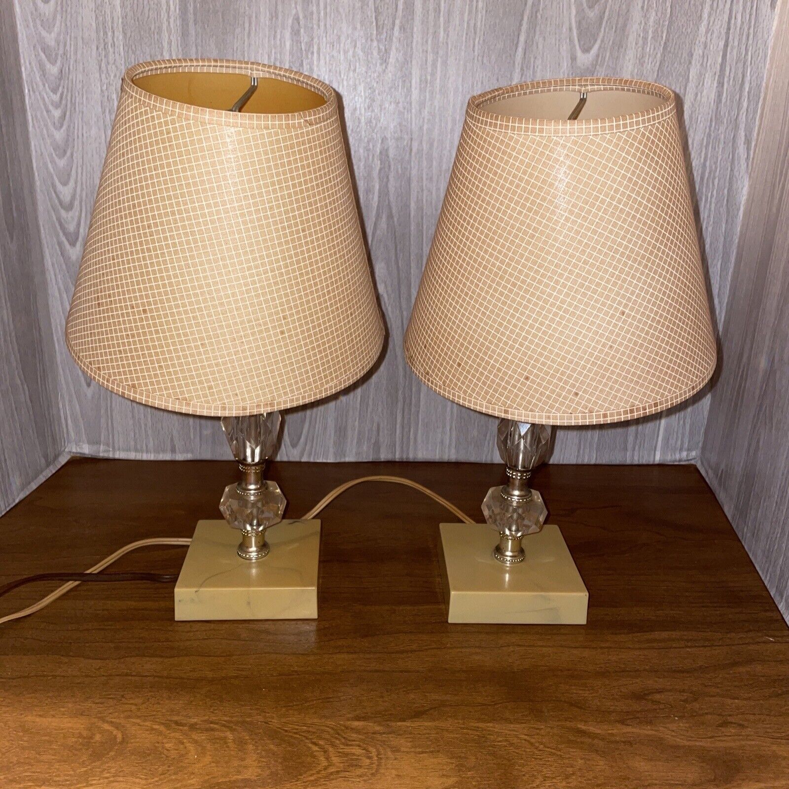 Vintage Pair Faux Glass Faux Marble Lamps Bedside End Table Stained Shades
