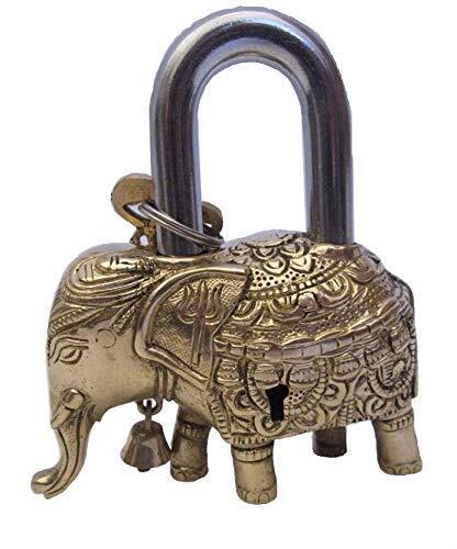 Brass Blessing Home Elephant Design Golden Brass Padlock Lock with Keys Working