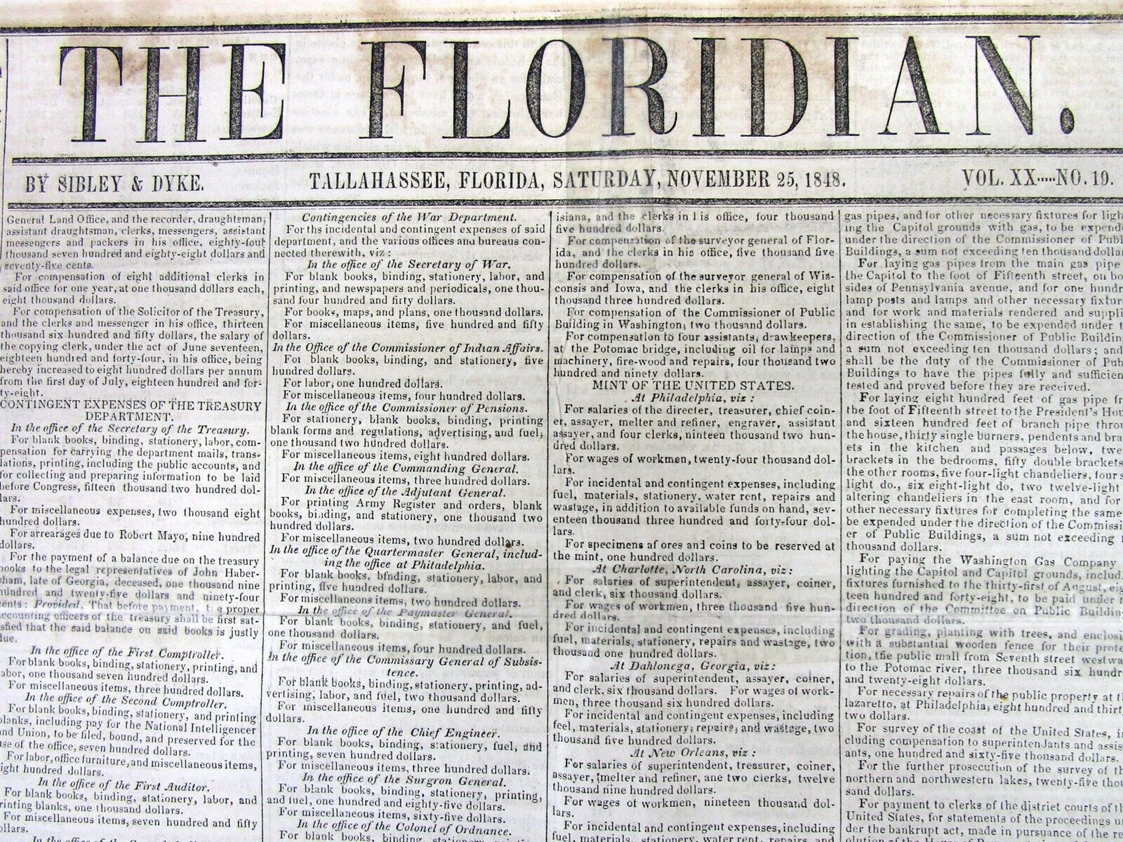 Rare 1848 TALLAHASSEE Florida pre-Civil War newspaper 1st FLORIDA STATE GOVERNOR