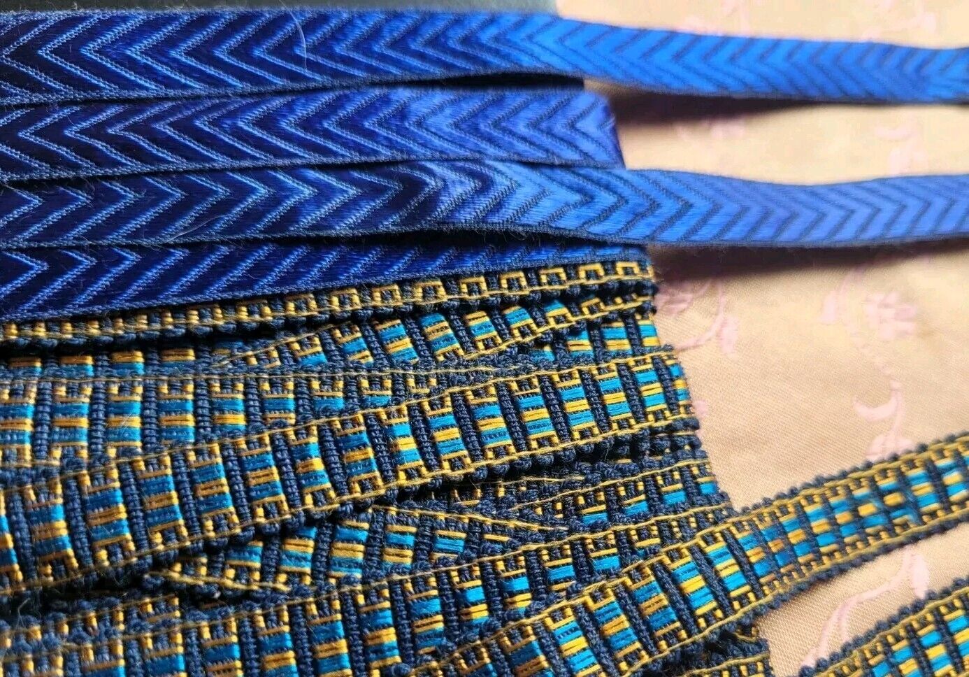 2 Royal Blue SILK Vintage Ribbon Trim 3+ YARDS Embroidered Lot