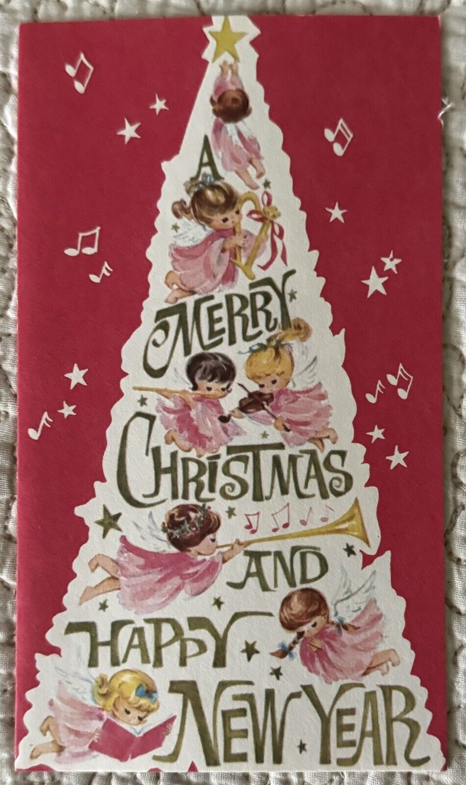 Unused Christmas Pink Angels Inside Tree Horn Vintage Greeting Card 1950s 1960s