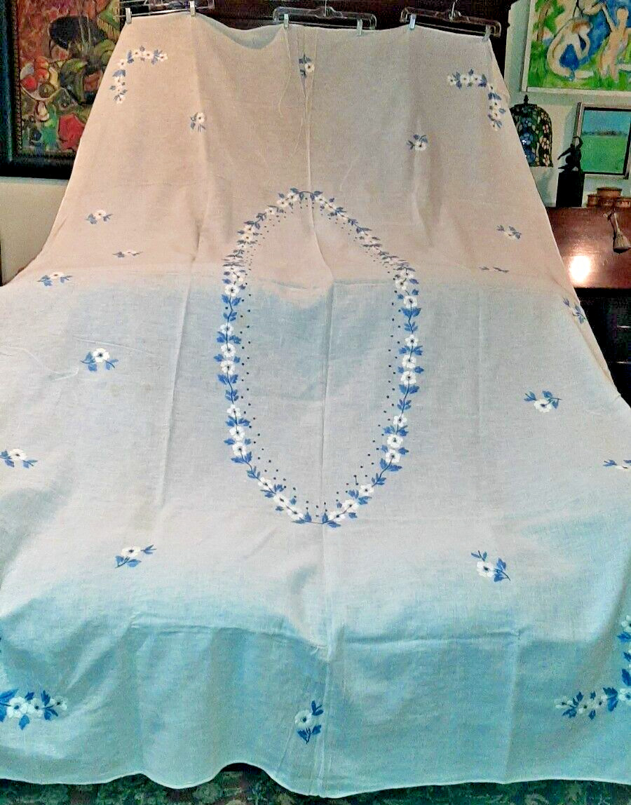 Vintage Large, White Linen, Hand-Embroidered, Table Cloth: Floral Design