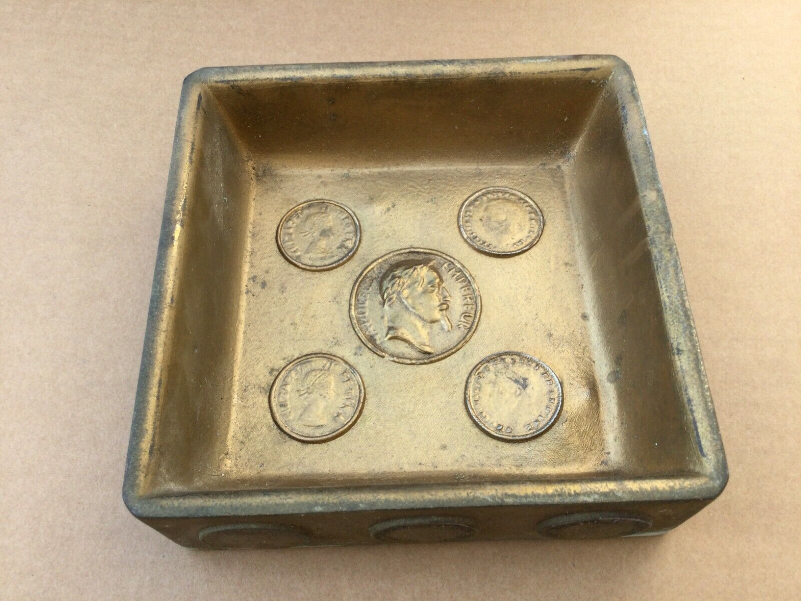 Original Handmade Cast Brass Ashtray with Coin Replicas 