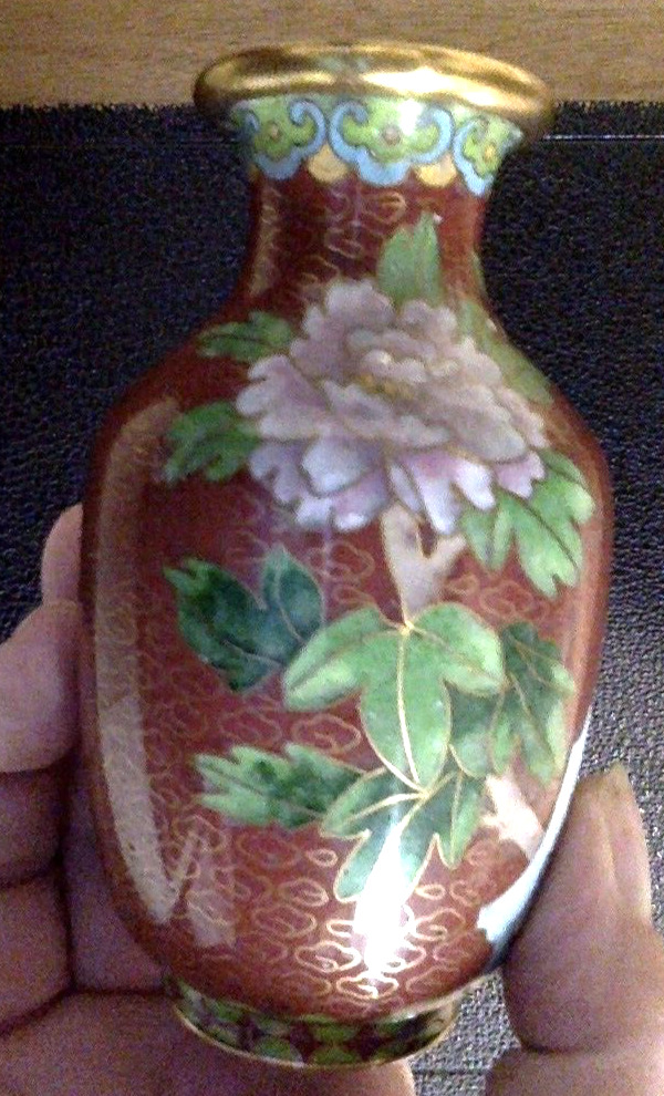 Chinese Cloisonne Vases Vintage Enamel 4” Tall Pair Floral Brass