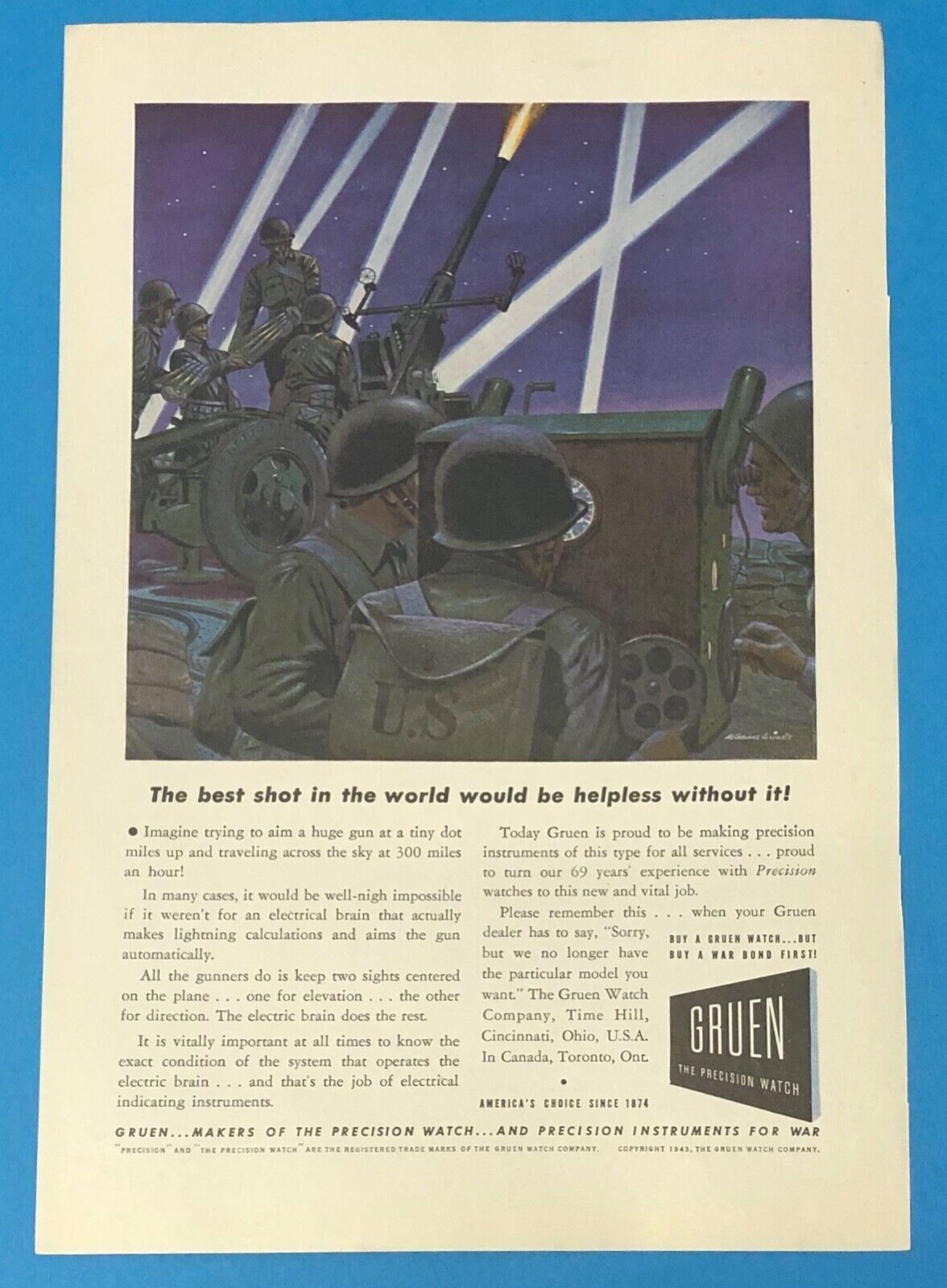 1943 Gruen Watch Company World War II era advertisement (size 6.5 x 10 in)
