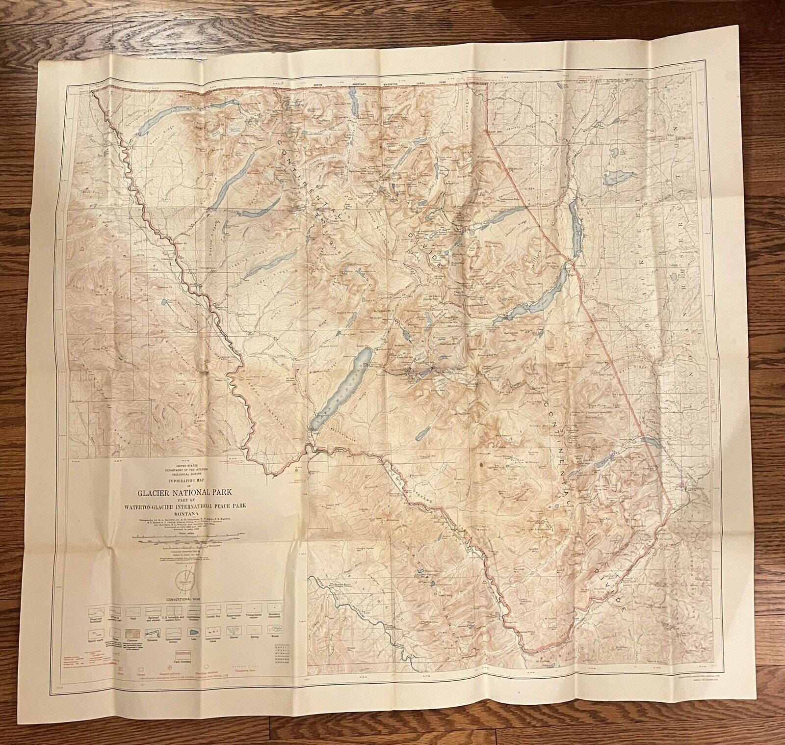 USGS Map Glacier National Park Montana Topographic 35x30.5”Ed. 1914 Reprint 1948
