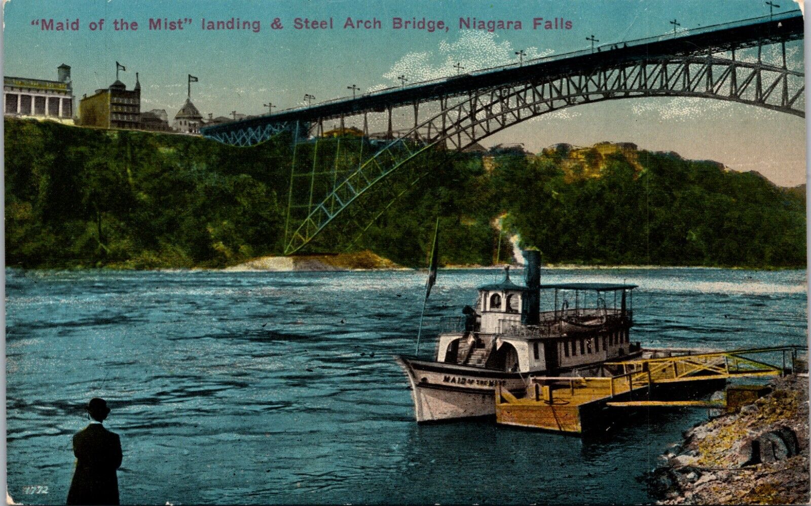 Postcard Vintage Maid Of The Mist Landing And Steel Arch Bridge Niagara Falls