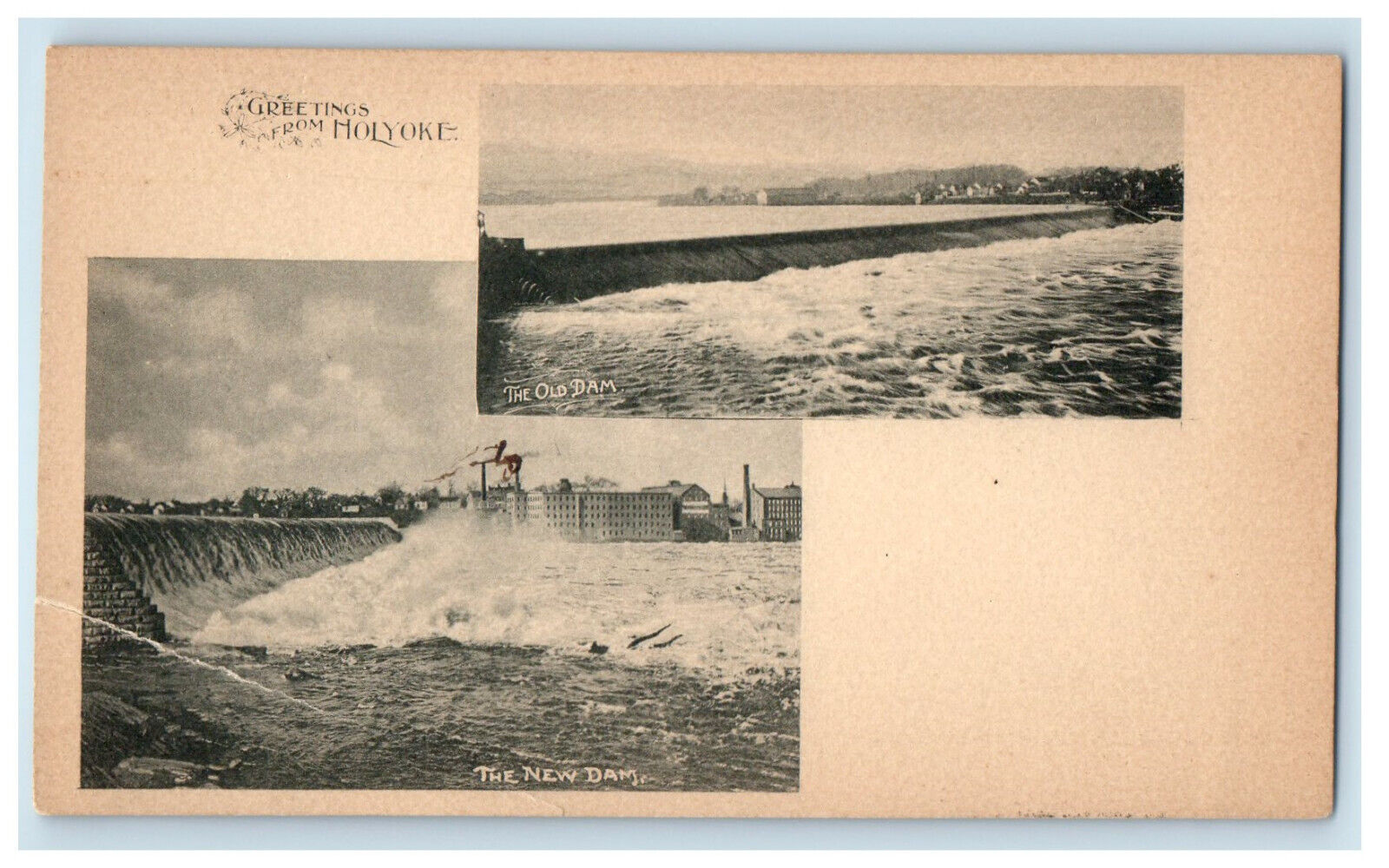 c1900s New and Old Dam, Greetings from Holyoke Massachusetts MA PMC Postcard