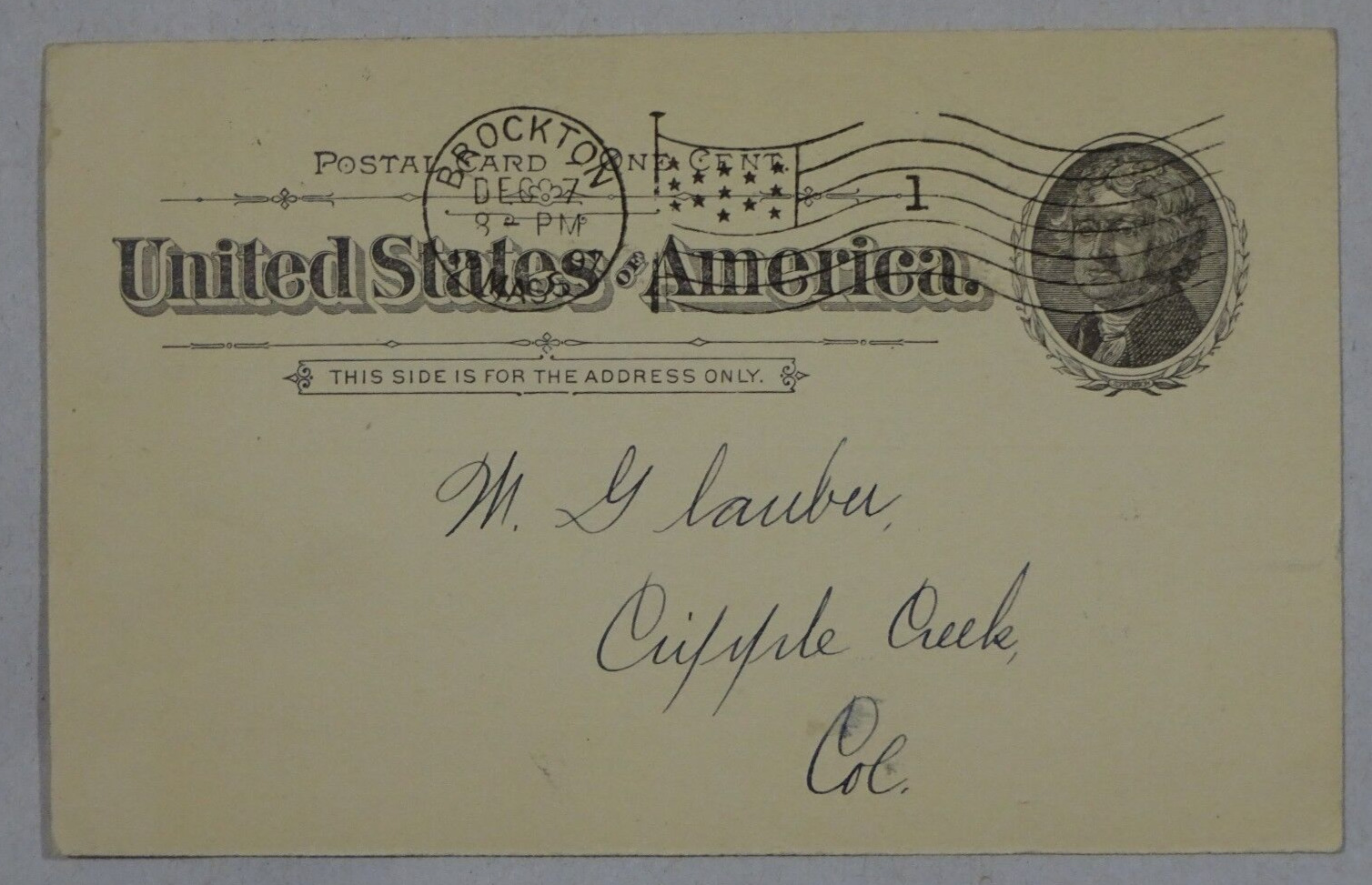 1897 US Postal Card 1c Black Jefferson Standard Rubber Corp Brockton MA