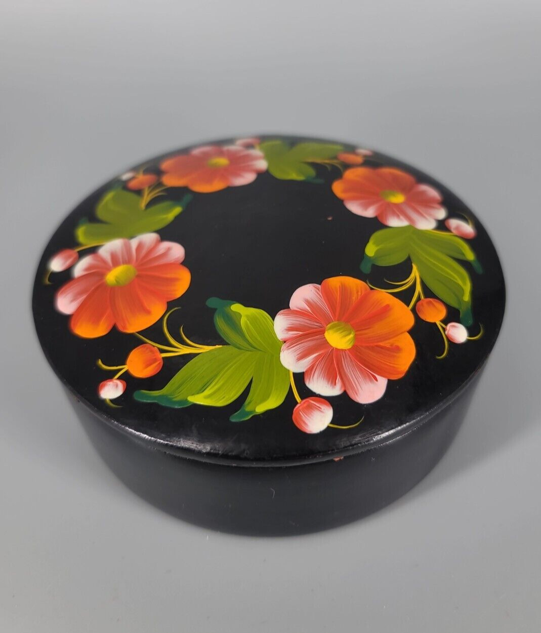 Vintage Hand Painted Black Lacquer Trinket Box Red Flowers Lid