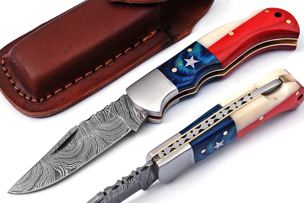 Texas Flag Custom Handmade Damascus Blade Pocket Knife | SW-714 |