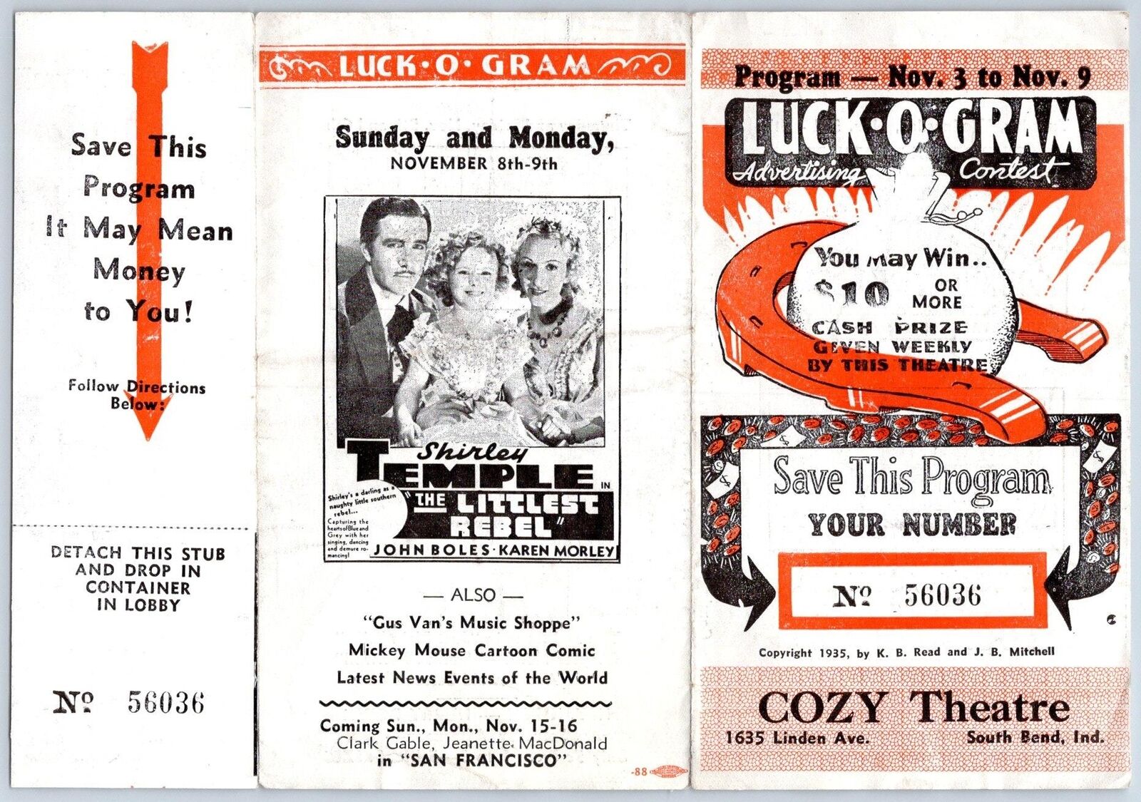 1935 SOUTH BEND INDIANA COZY THEATRE LUCK-O-GRAM*CASH DRAWING*MOVIE ADS*TRI-FOLD