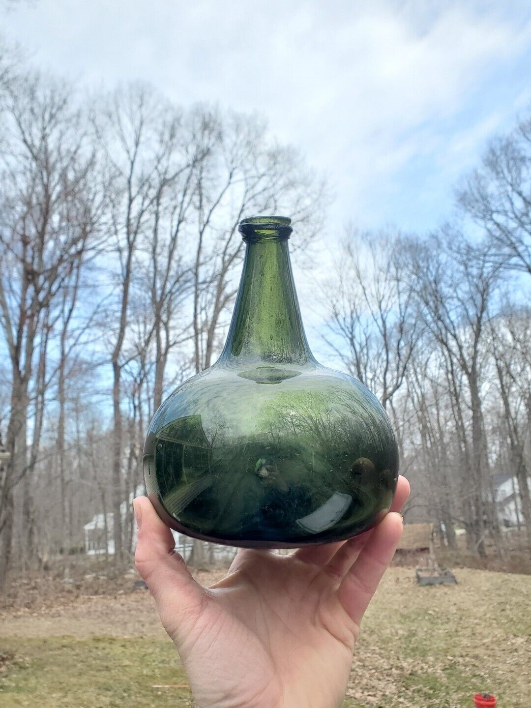 Antique Mid 18th Century Crude Green Blown Onion Wine Bottle