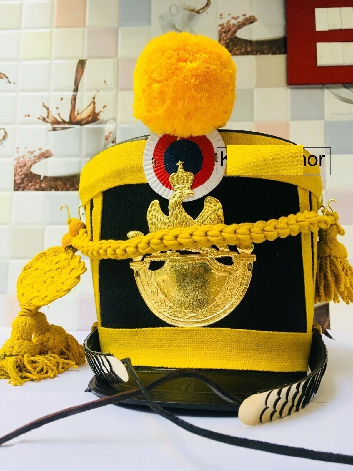 Napoleon Yellow Shako Helmet + Pompom + Cordon -French Napoleonic Shako Hel ff05