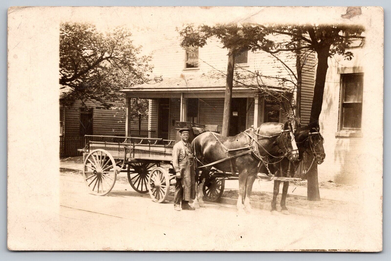 RPPC Postcard Antique Possible Blacksmith Two Draft Horses Wagon House A11
