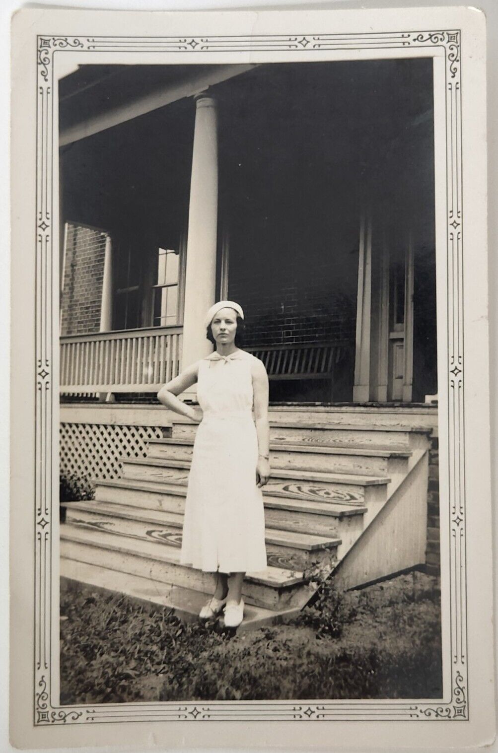 Vintage Found Photo - Woman Hand On Hip Unimpressed Standing On Front Stoop 4½x3