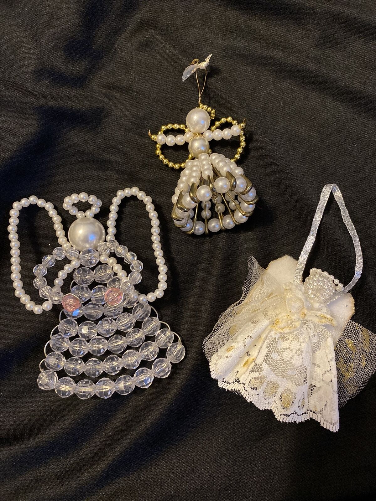 3 Vintage Handmade Christmas Bead Angel ornament Folk Tramp Art