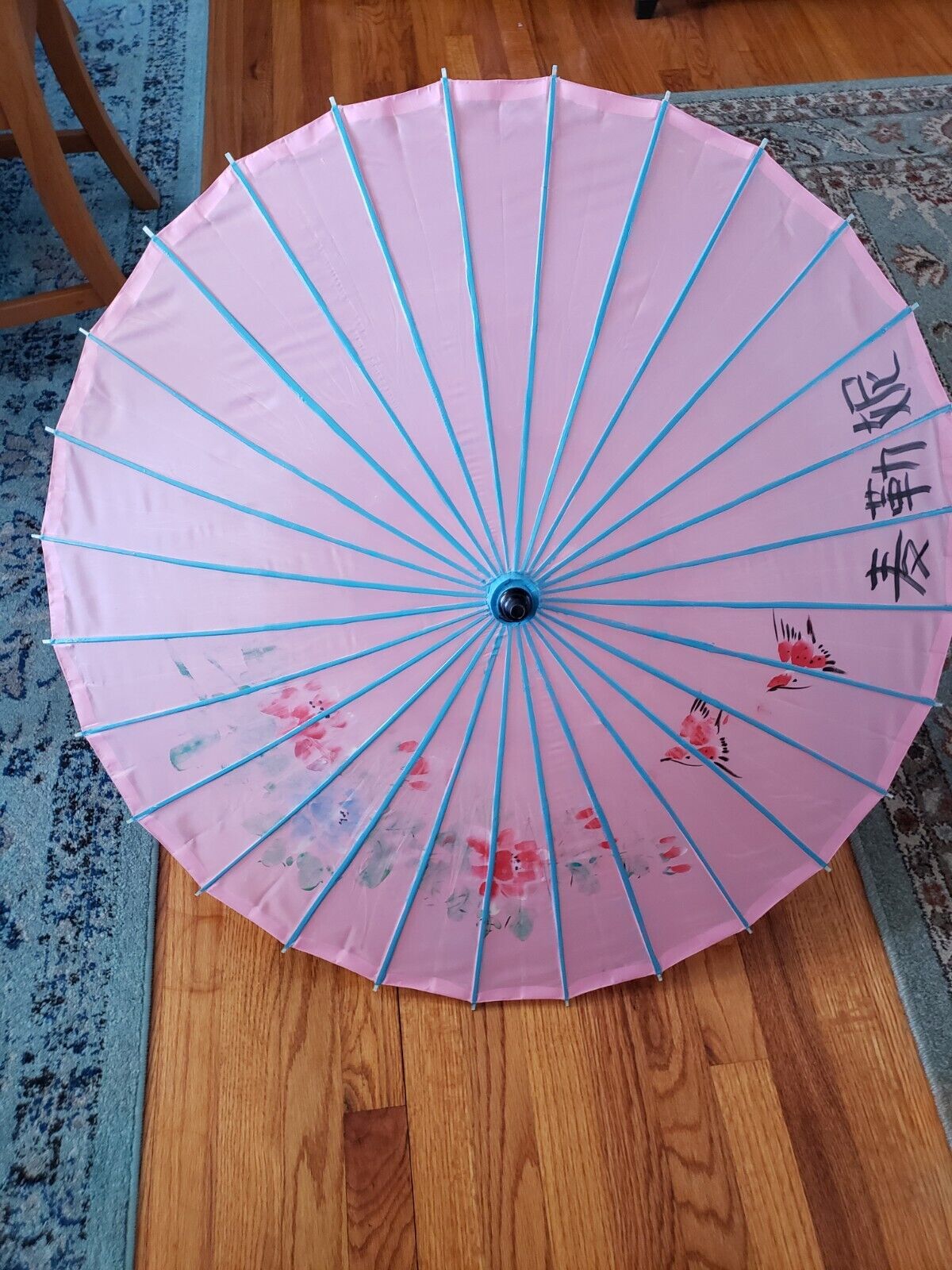 Vintage Japanese Umbrella Parasol  Rice Paper Hand Painted Birds PINK  33 Inches
