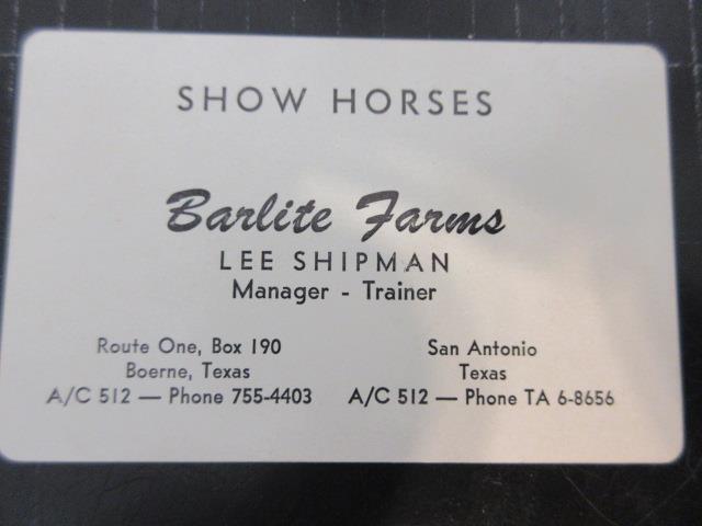 Rare Vintage Lee Shipman Horse Trainer Barlite Farms Business Card Boerne Texas