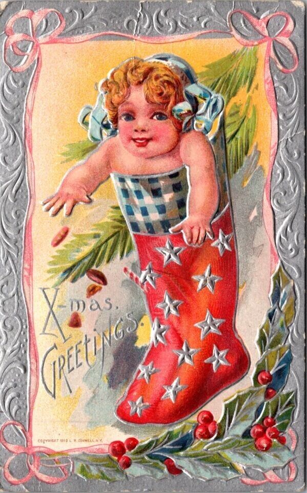 Baby Hanging in a Stocking~ From a Tree~Antique Christmas Fantasy Postcard~h719
