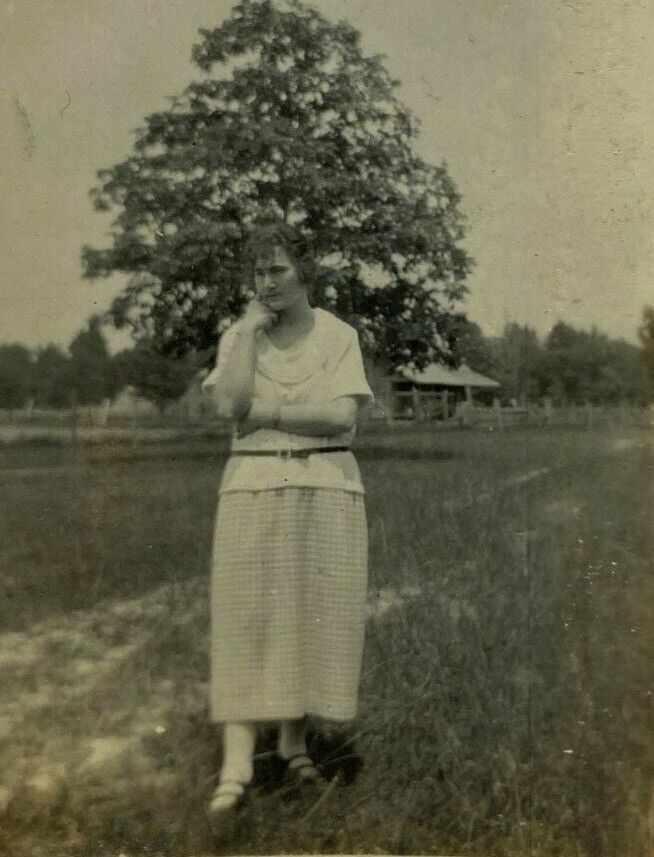 Woman In Dress Standing In Field Large Tree Behind B&W Photograph 2.5 x 4.5