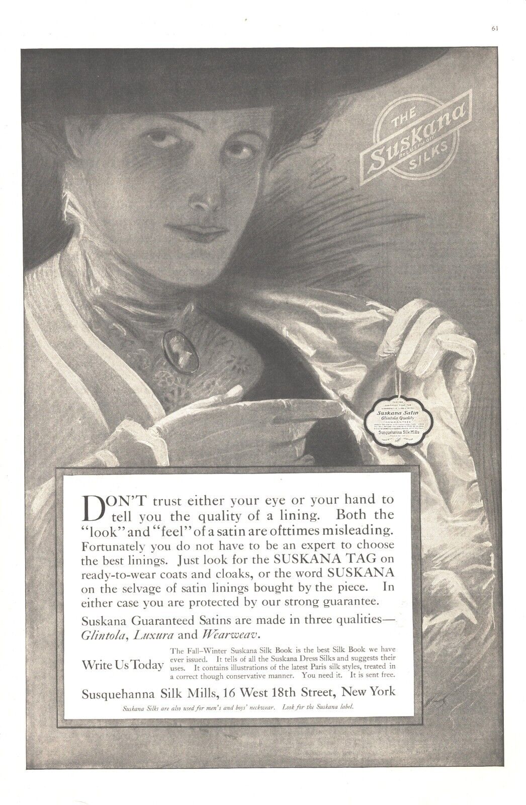 1909 Suskana Satin Silks Antique Print Ad Tag Glintola Quality