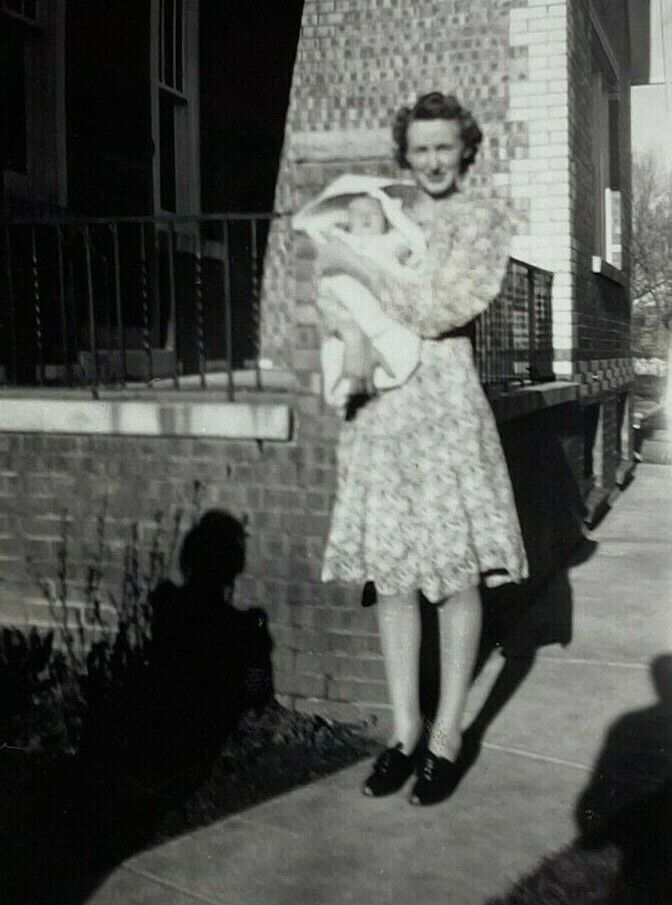Woman Holding Baby Porch House Shadow B&W Photograph 2.75 x 4.5