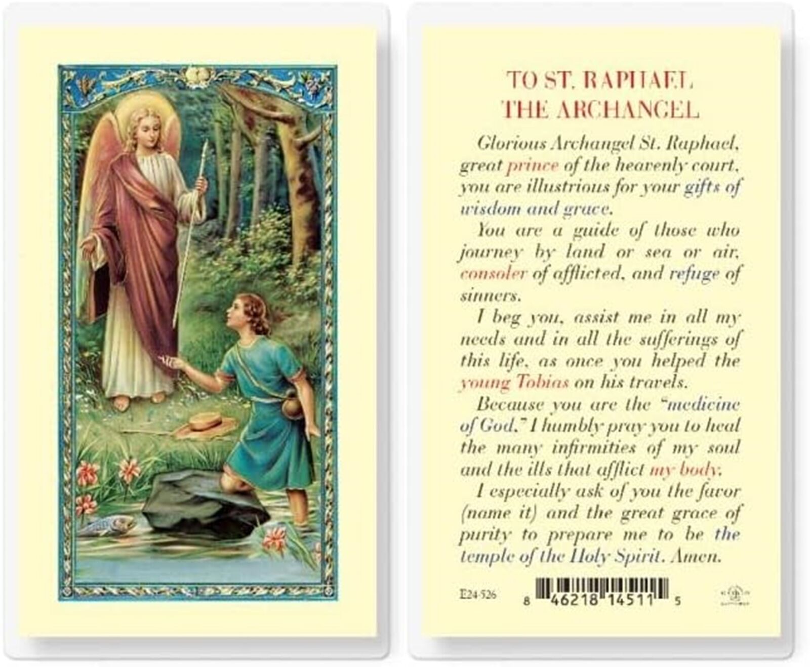 Saint Raphael The Archangel Prayer For Healing Laminated Holy Card