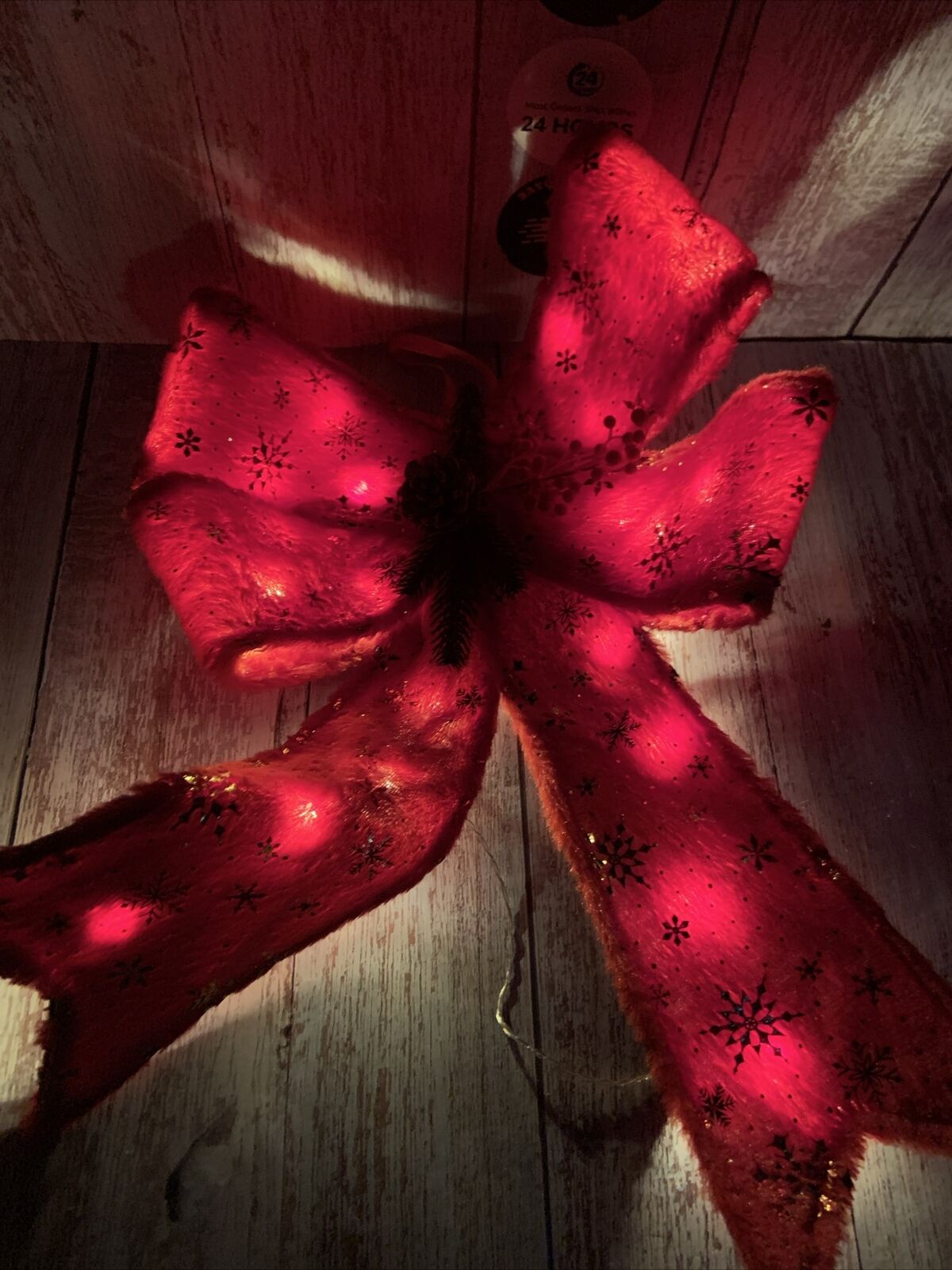 BIG 15”x19”  LED Light Up Christmas BOW.Red Plush Gold SnowflakesNew