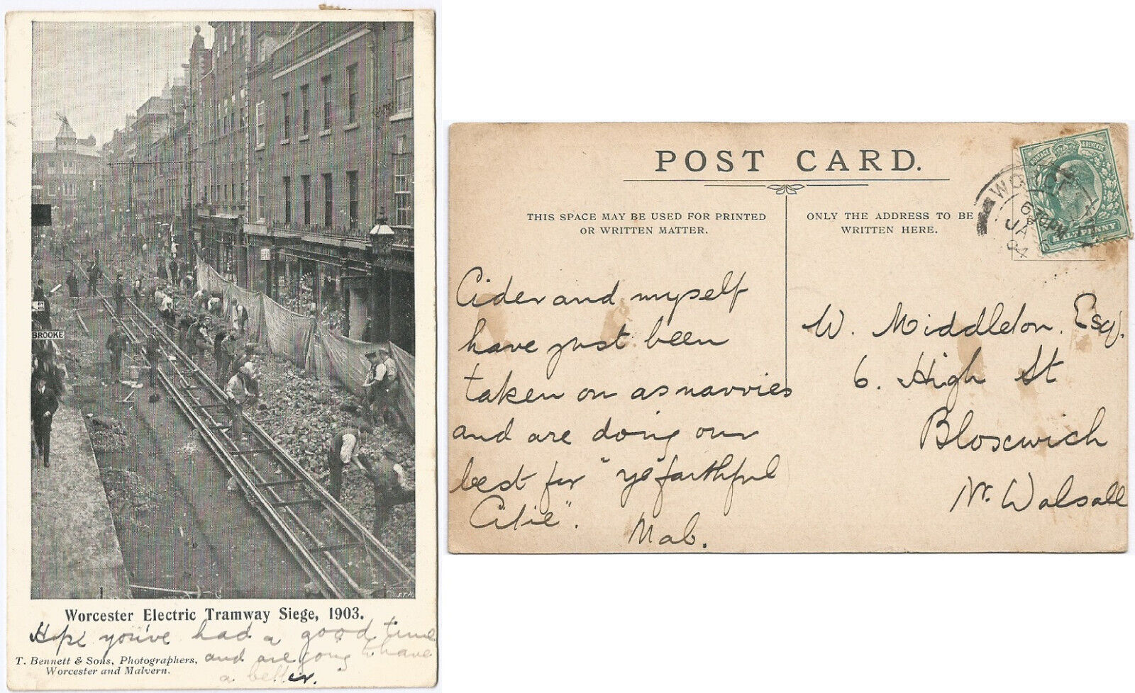 WORCESTER ELECTRIC TRAMWAY SIEGE 1903 Broad Street (1066) Postcard Tram Line CPA