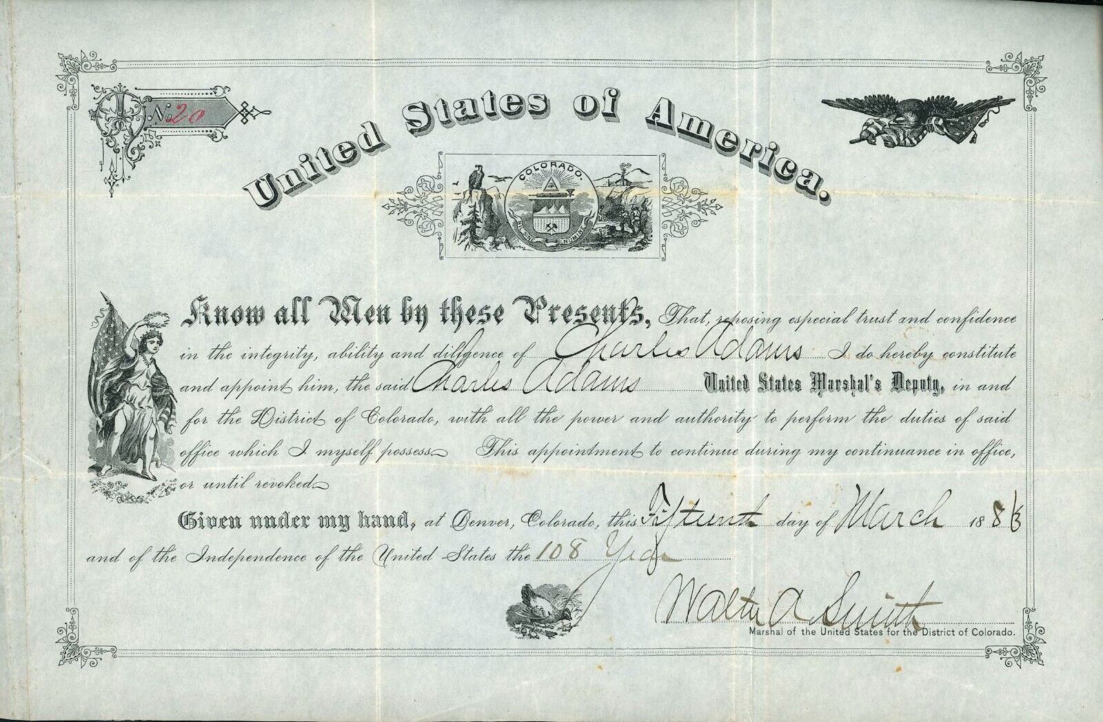 UNITED STATES DEPUTY MARSHAL CHARLES ADAMS Colorado appointment certificate 1883
