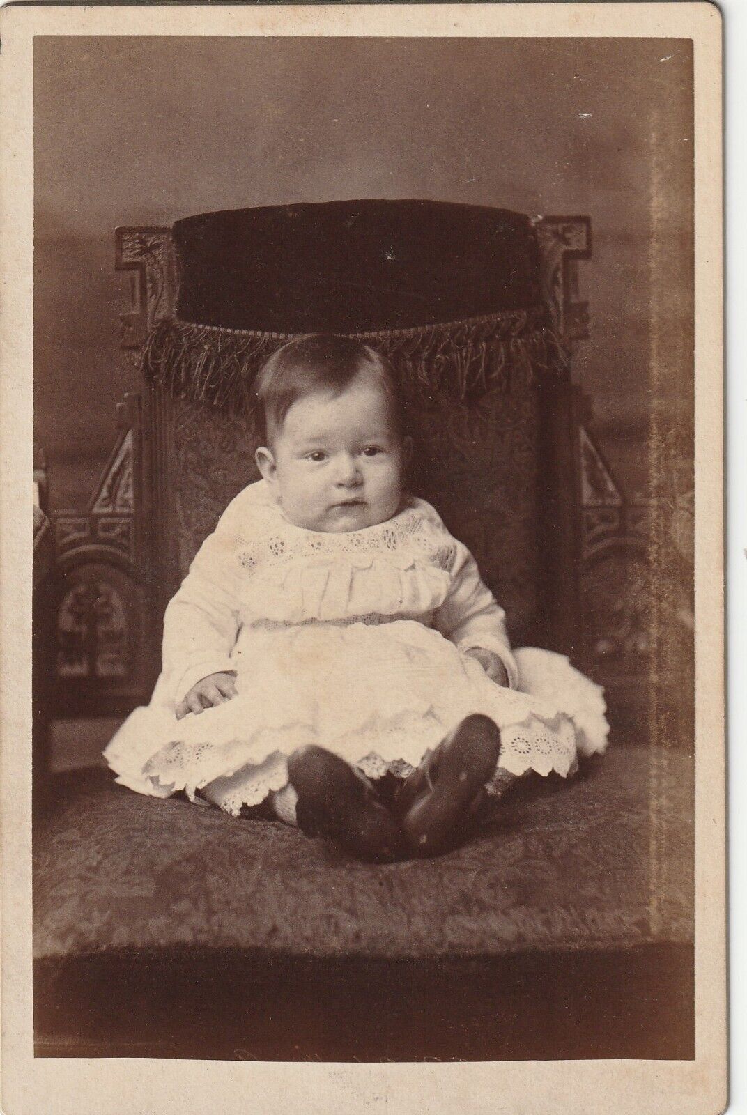 Photo of C. Merryweather Baby in Lace Gown by Childs Shepming, MI c. 1890 Chair