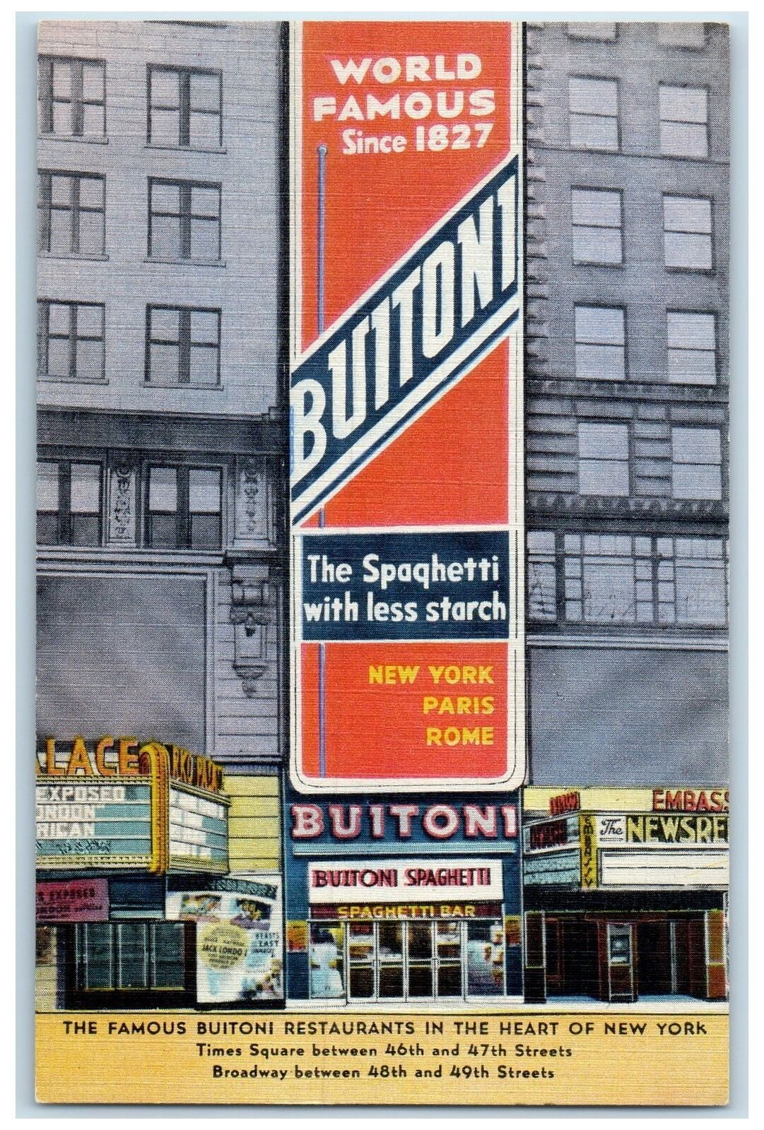 c1940's The Famous Buitoni Restaurants Signage New York City New York Postcard