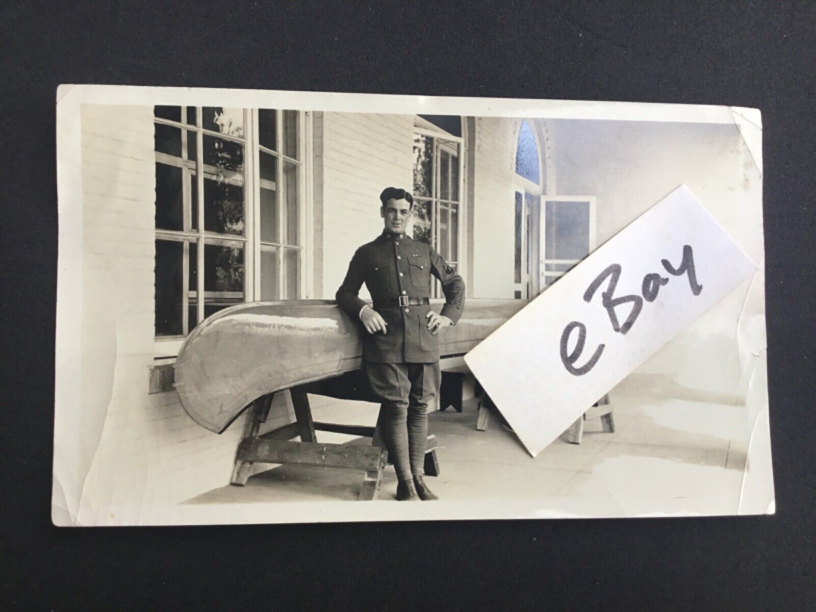 Rare WWI USMC Named Sergeant Uniform Photo Posed in Front of Canoe B & W