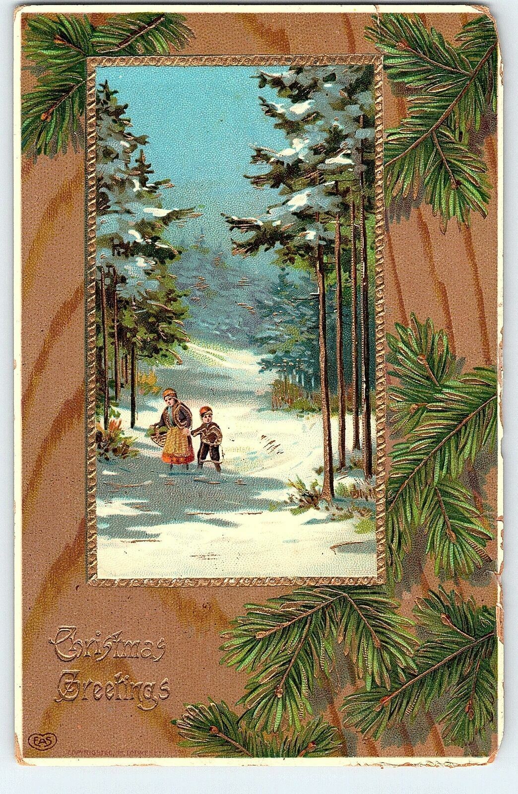 Gold Tone Embossed Christmas Greetings Germany 1911 Window View Postcard A1