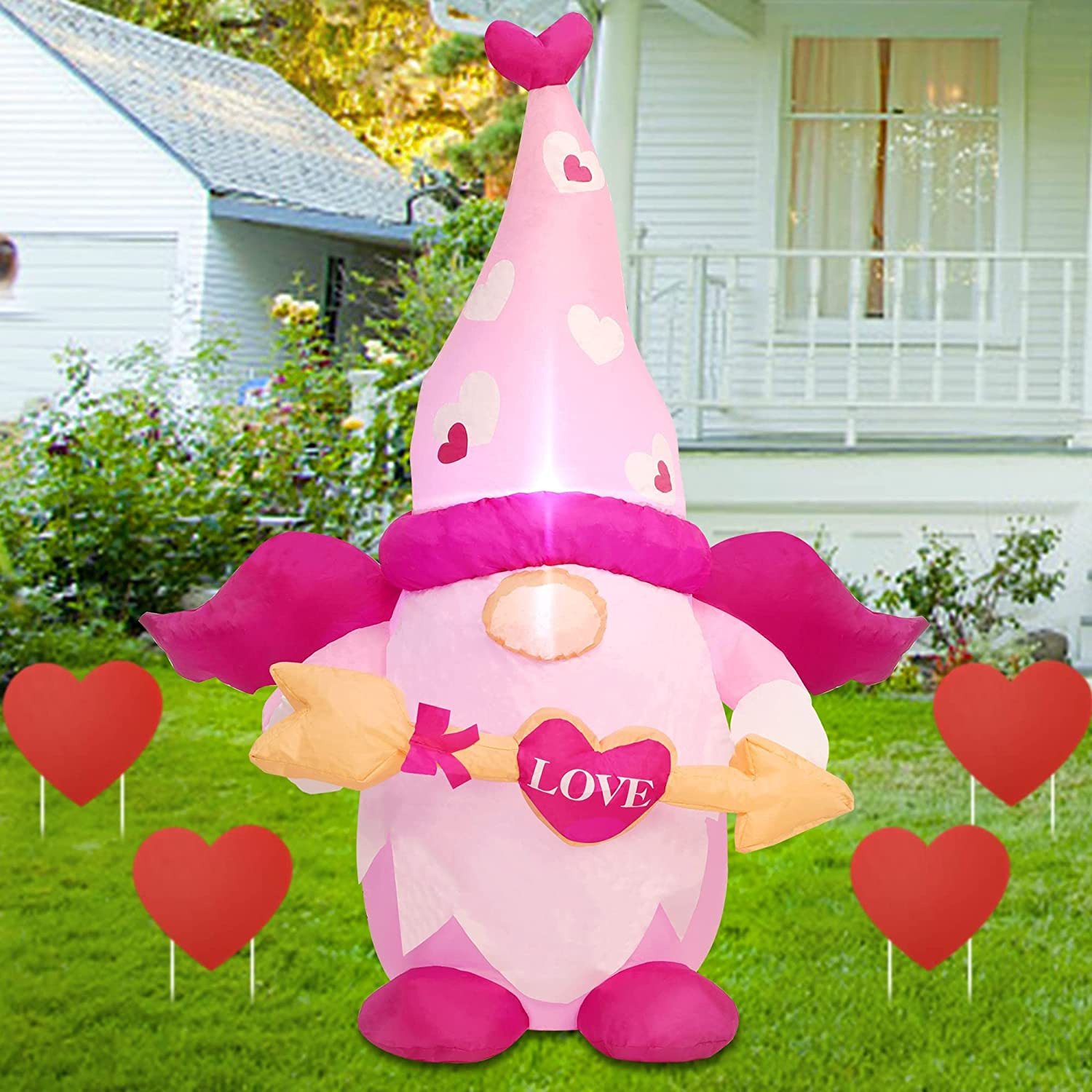Juegoal Valentine Inflatable Cupid Gnome, Lighted Blow Up Pink Swedish Gnomes wi