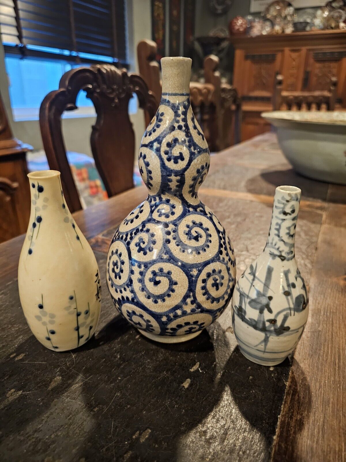 Antique Japanese Sake Medicine Bottles Blue White Stoneware Japan READ