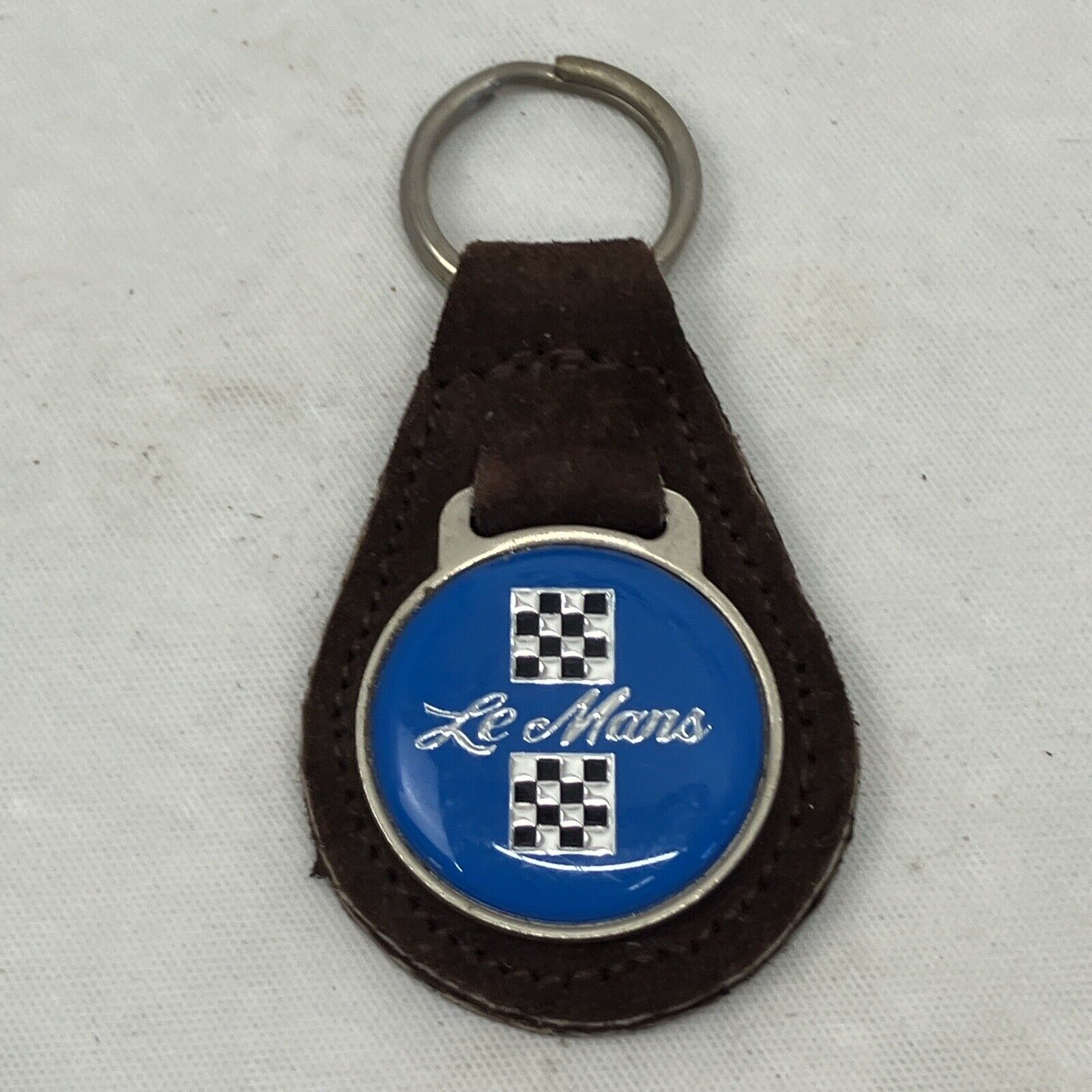 Vintage Le Mans Leather Keychain Key Ring FOB Dark Brown w light blue face