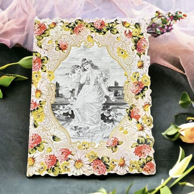 Antique Valentines Day Card Victorian Edwardian Lady Cherub Paper Embossed
