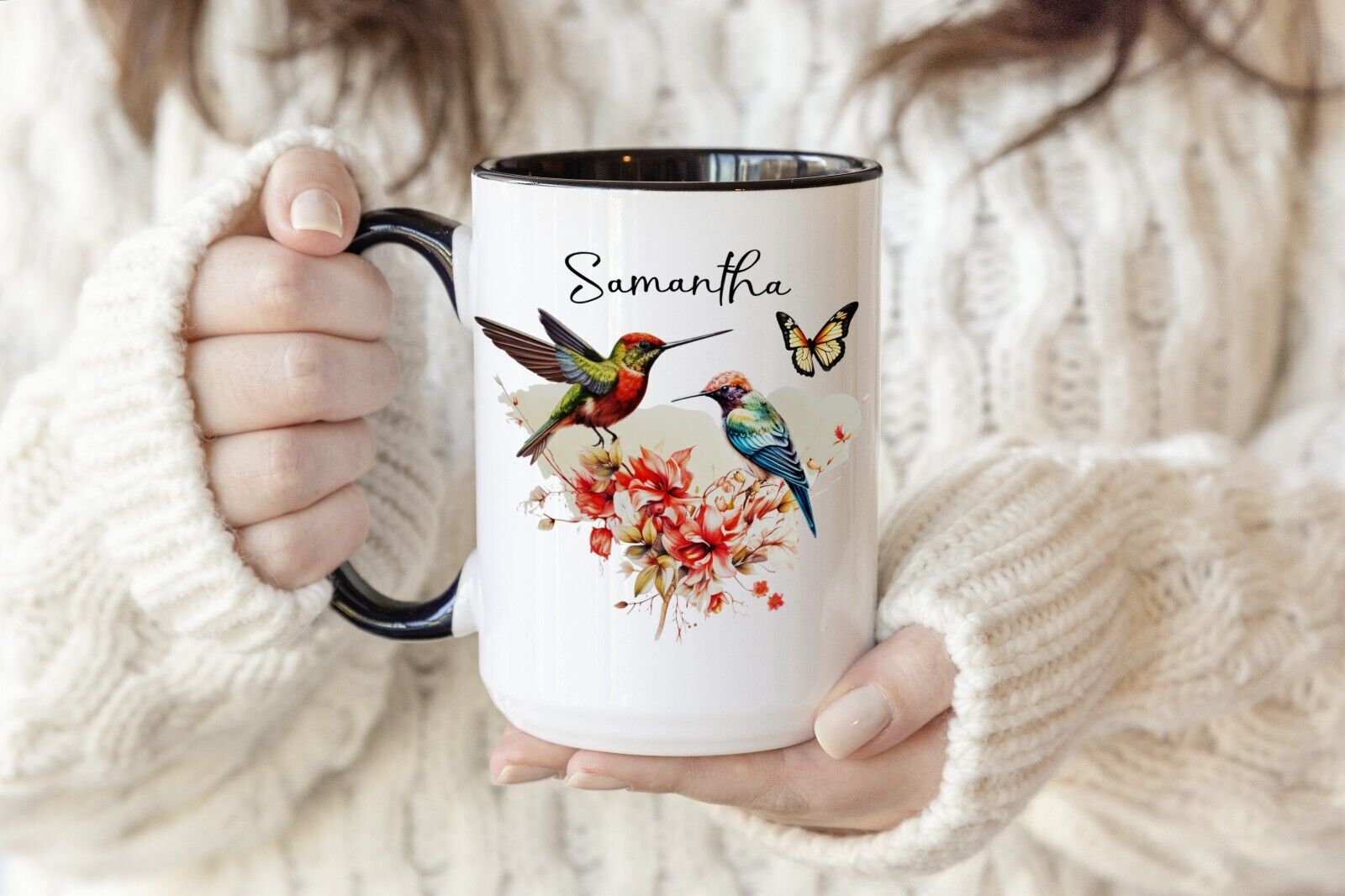 Personalized Hummingbird and Butterfly Coffee or Tea Mug, Custom Name, Gifts