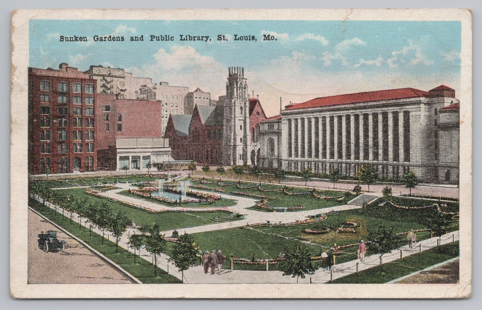 Postcard St Louis Missouri Sunken Gardens Public Library Christ Church Cathedral