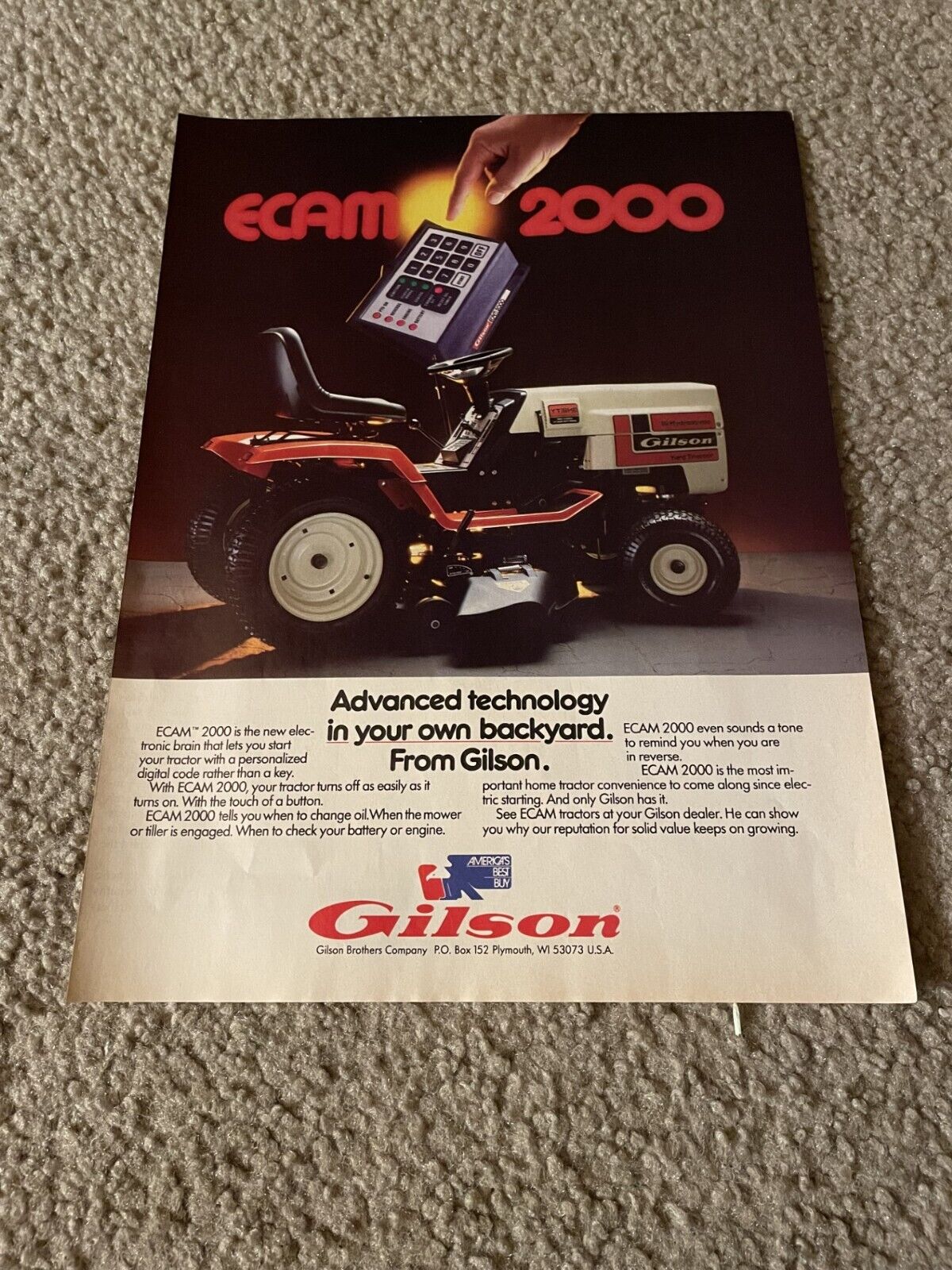 Vintage 1985 GILSON ECAM 2000 LAWN TRACTOR RIDING MOWER Print Ad 1980s