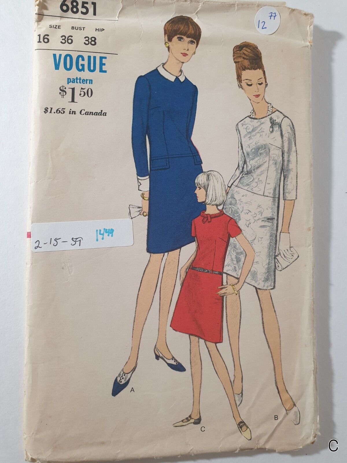 Vogue 6851 Vintage 1960s Dresses Sewing Pattern Size 16