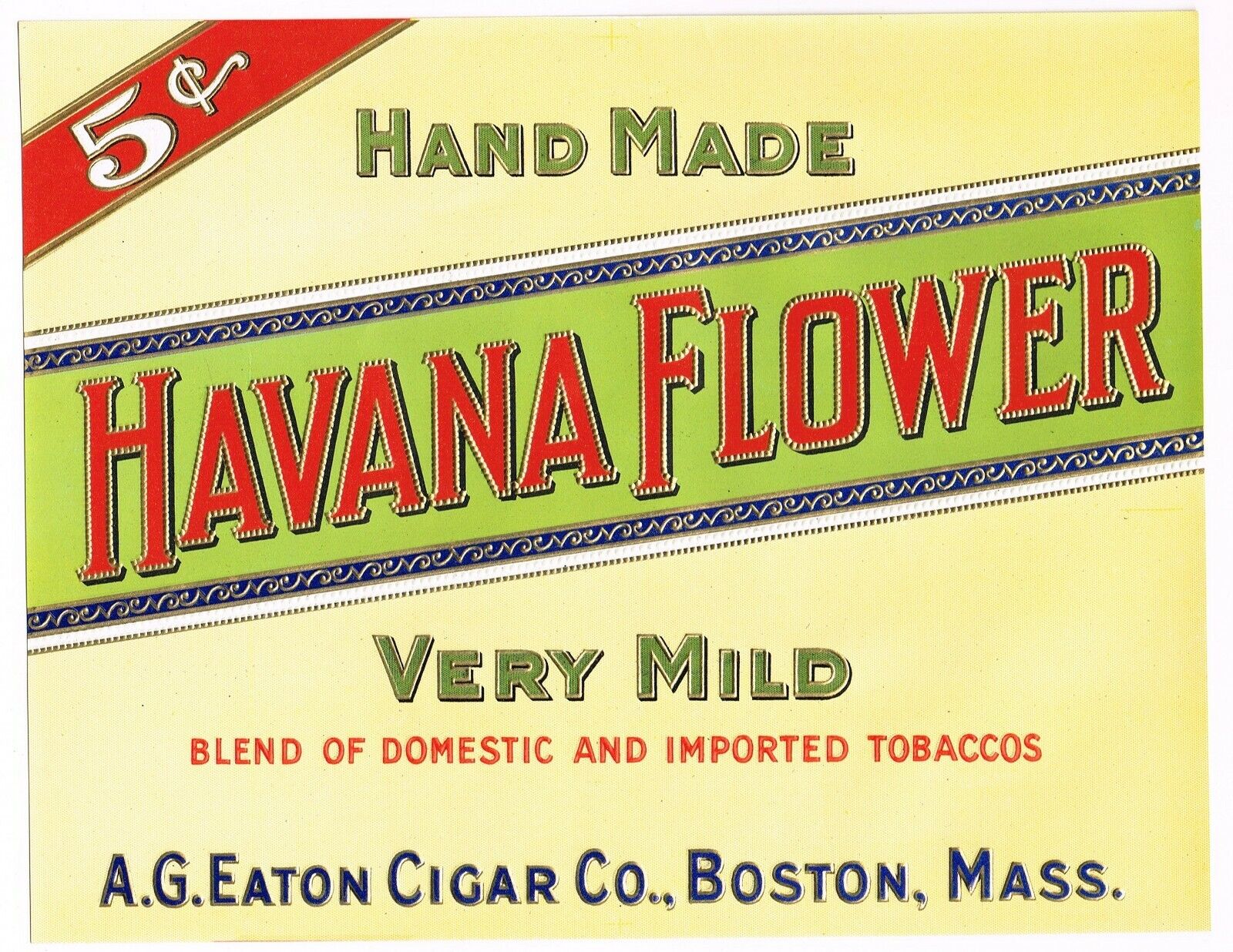 GENUINE CIGAR BOX LABEL VINTAGE 1940S HAVANA FLOWER BOSTON EMBOSSED LETTERING