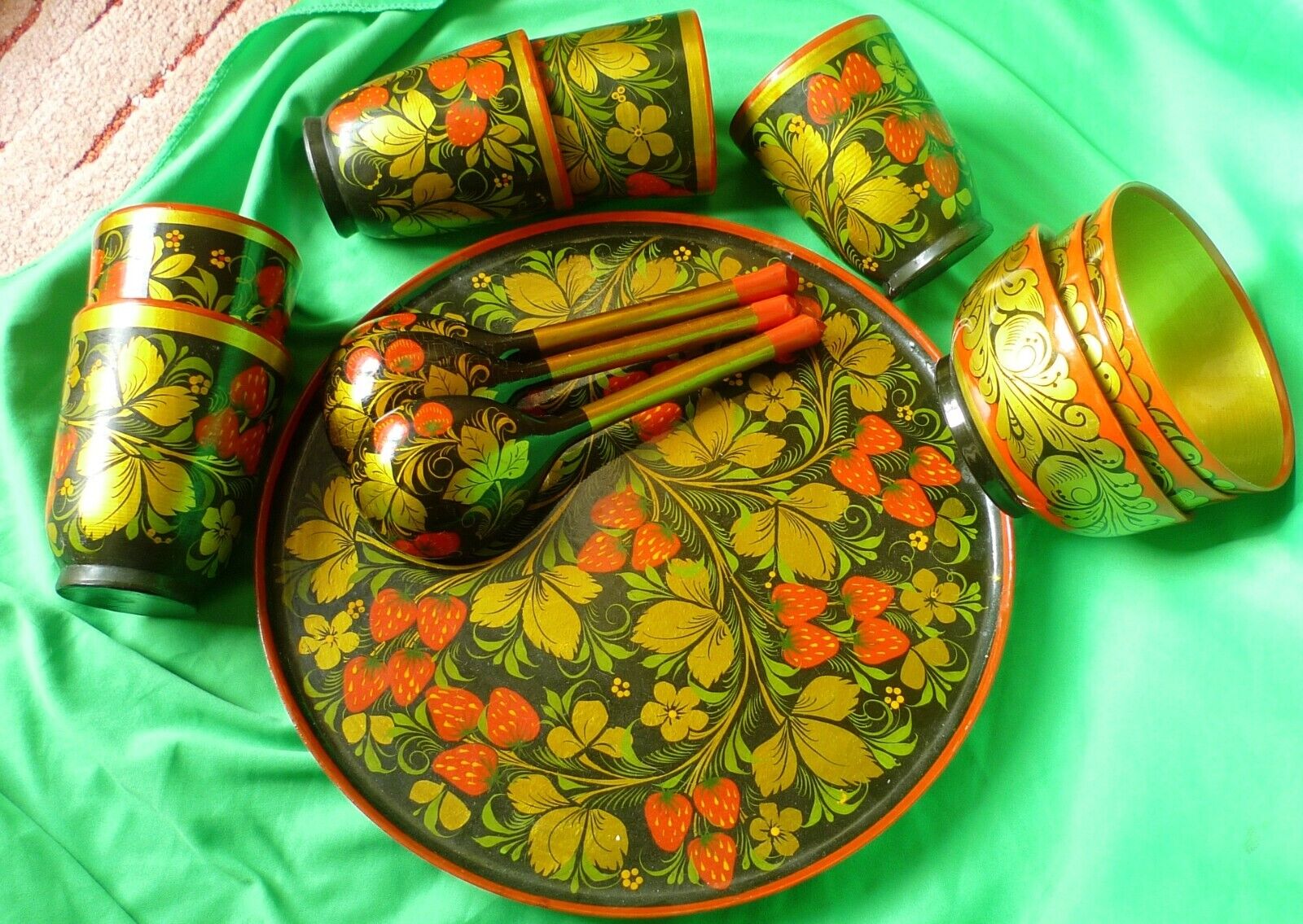 Old USSR RUSSIAN Folk Art KHOKHLOMA Hand Painted Wooden SET Soviet cutlery